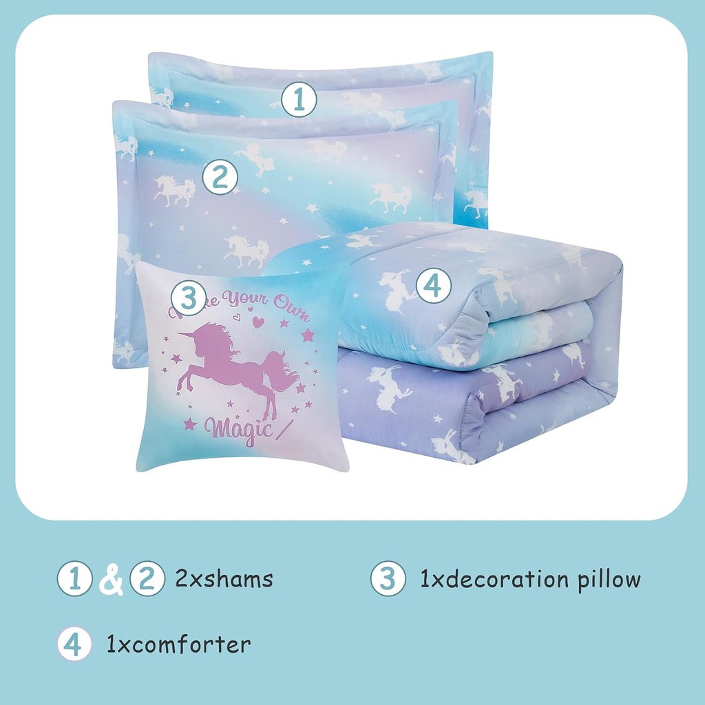 Kids Comforter Set Full for Girls, Glow in The Dark Unicorn Bedding Set 1 Comforter, 1 Decor Pillow, 2 Pillow Shams