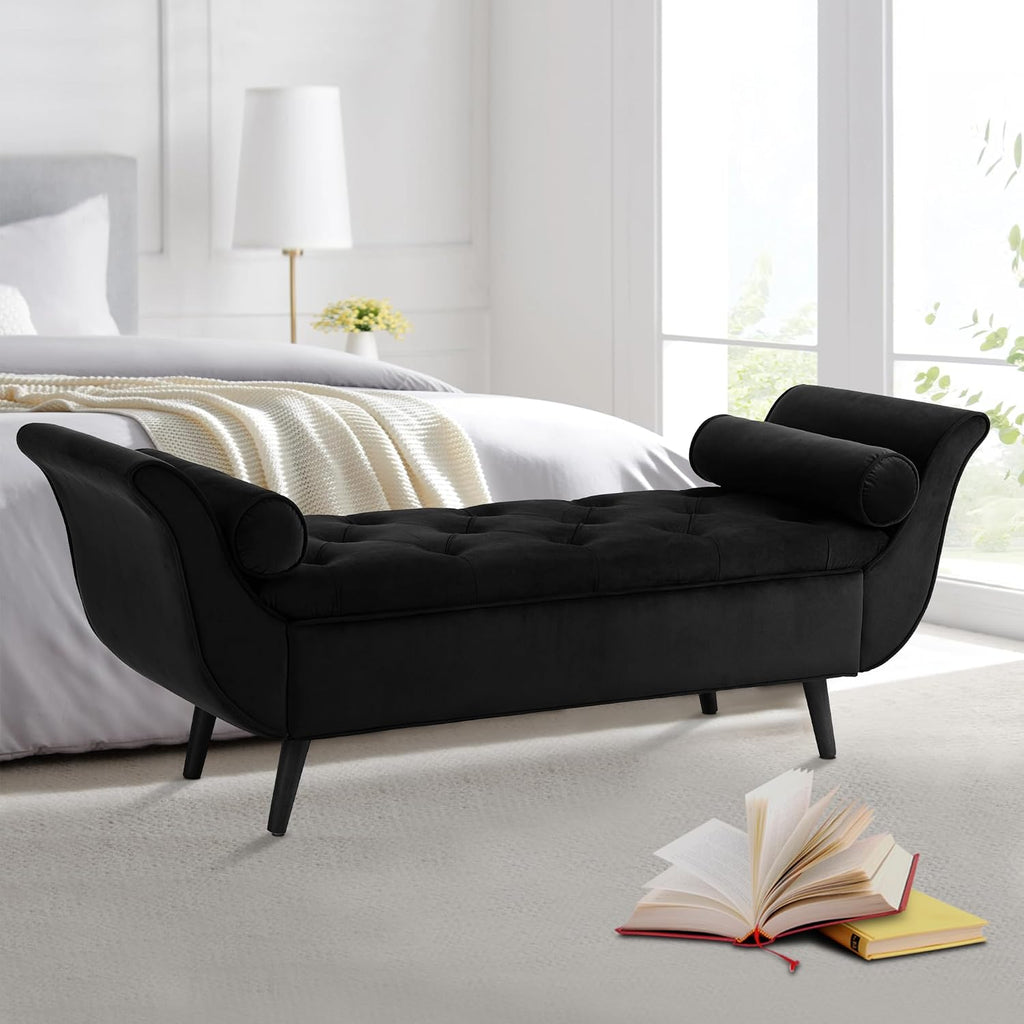 Storage Bench End of Bed, 65" Velvet Upholstered Rolled Armed Button Tufted Stool Bench, Storage Ottoman Long Bench