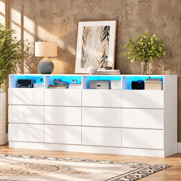 12-Cell Divided Drawers White Dresser with Charging Station & Led Lights