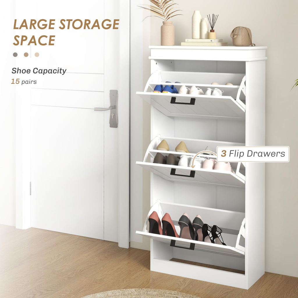 Shoe Storage Cabinet with 3 Flip Drawers, Narrow Shoe Cabinet, White