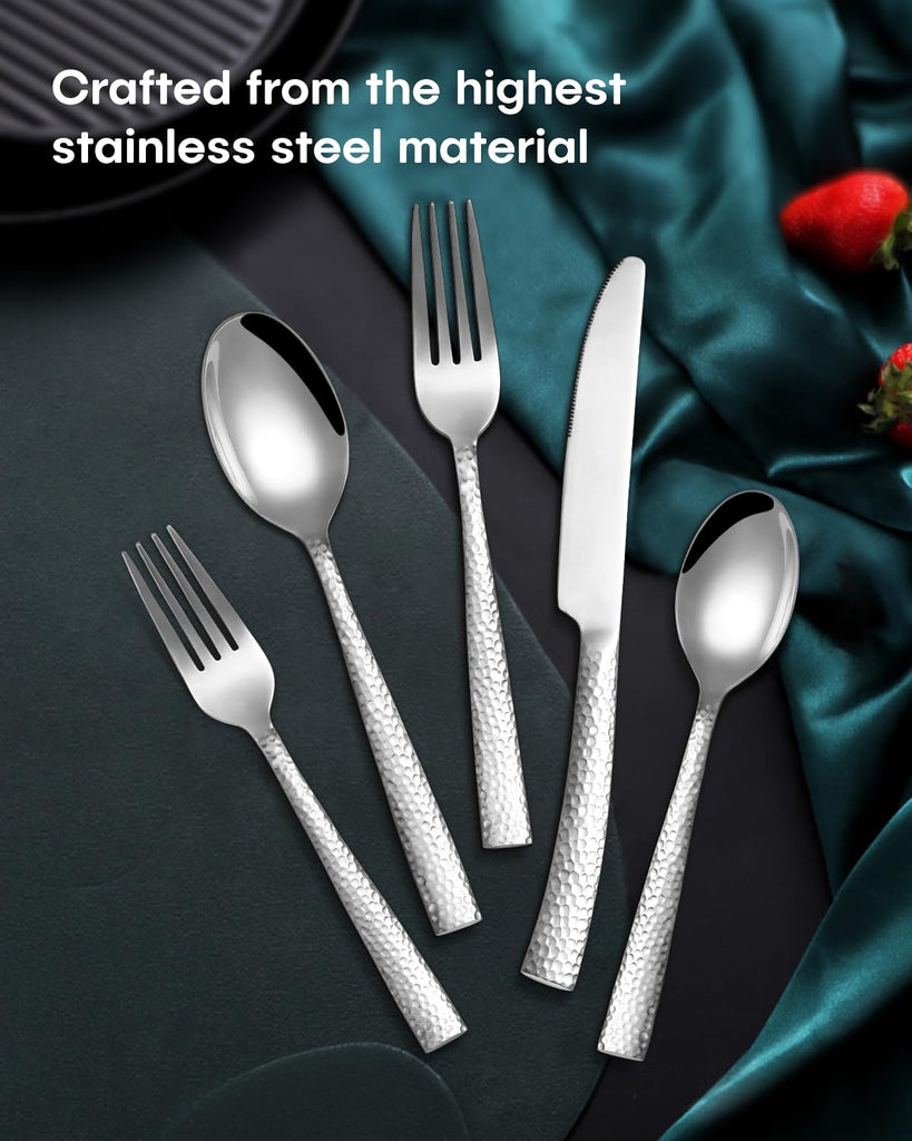 48-Piece Hammered Silverware Set with Steak Knives, Stainless Steel Flatware Set for 8, Mirror Finish Cutlery Set