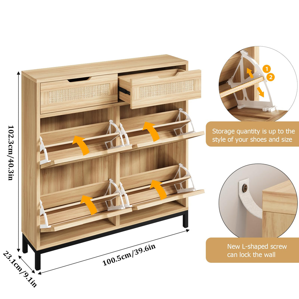Rattan Shoe Cabinet, Boho Shoe Storage Cabinet with 4 Flip Drawers and 2 Drawers, Narrow Freestanding Shoe Rack with
