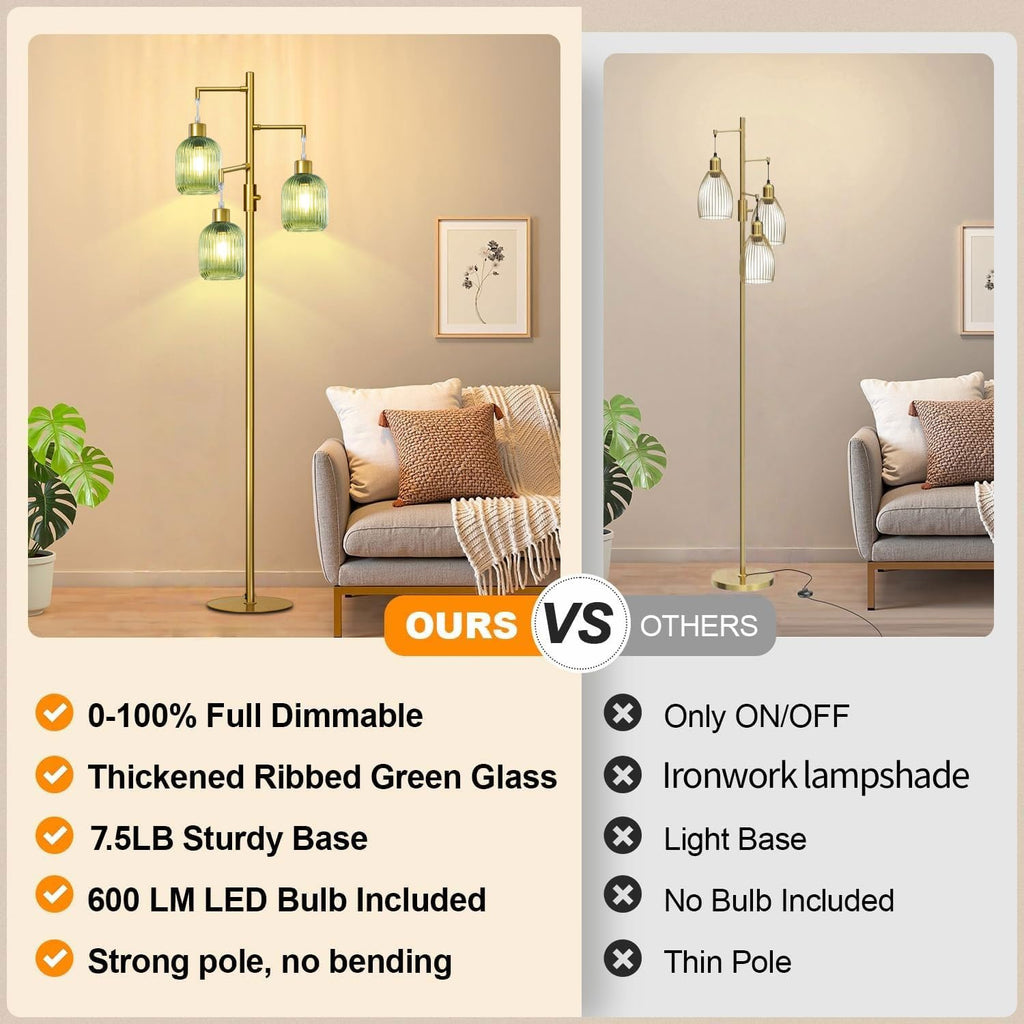 Modern Floor Lamps, Glass Standing Lamp with Green Shade, Dimmable Ribbed Glass 3 Lights Floor Lamps, Mid Century