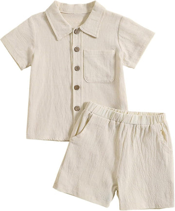 Toddler Baby Cotton Linen Shirt Sets Boys Girls Soft Gauze 2 Piece Outfits Short Sleeve Button Down Shirts Pull On