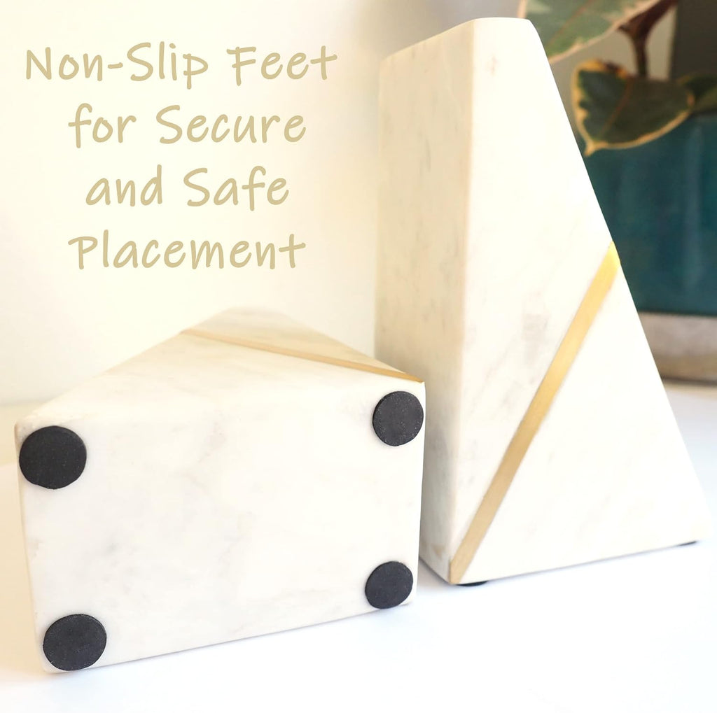 Marble Bookends Handcrafted Heavy Marble Triangular Bookshelf Decor Brass Inlay Set of 2 Decorative Bookends Book