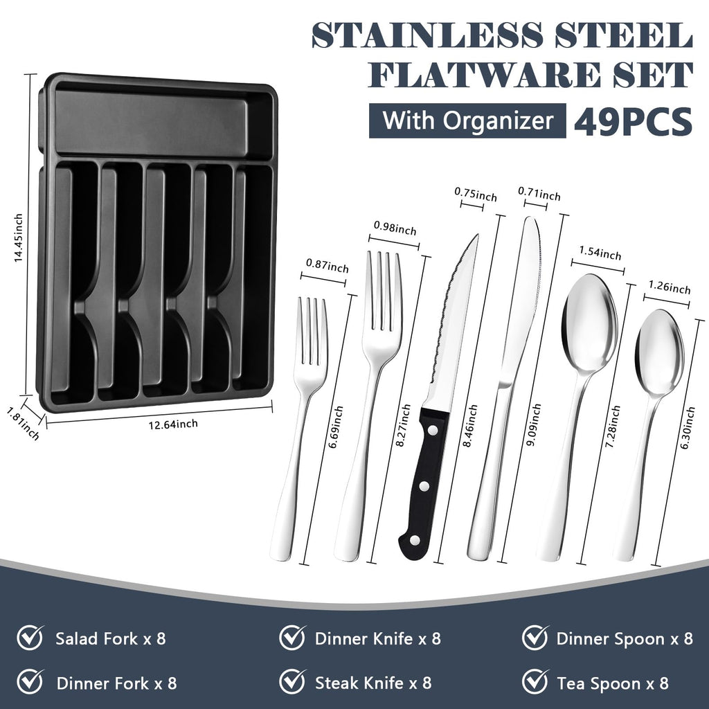 49-Piece Silverware Set with Organizer - Stainless Steel Silverware Set for 8 with Steak Knives and Drawer Organizer