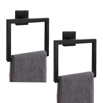 2-Piece Matte Black Square Towel Ring, Modern Hand Towel Holder, Stainless Steel Towel Hangers Wall-Mounted Bathroom