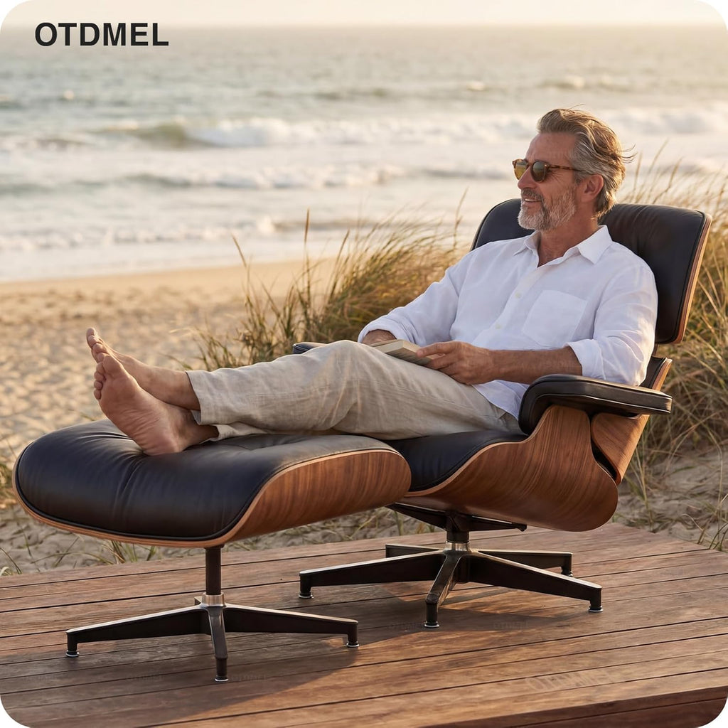 Mid-Century Modern Lounge Chair & Ottoman — Black Top-Grain Leather, Walnut Base, Extended Chaise