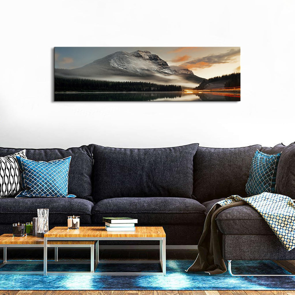 Sunset Mountain Landscape Canvas Wall Art Wall Decor 14x48" Black and White Nature Forest River Scenery Picture