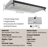 Stainless Steel Under Cabinet Range Hood 1200 CFM 3 Speed Gesture Control, Adjustable LED Lights Ducted