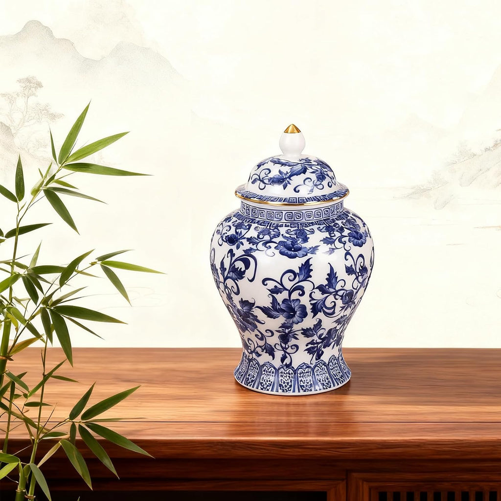 Chinoiserie Ginger Jar with Gilt Edges,7.87 Inch Ceramic Blue and White Ginger Jar with Lid,Porcelain Ginger Jars