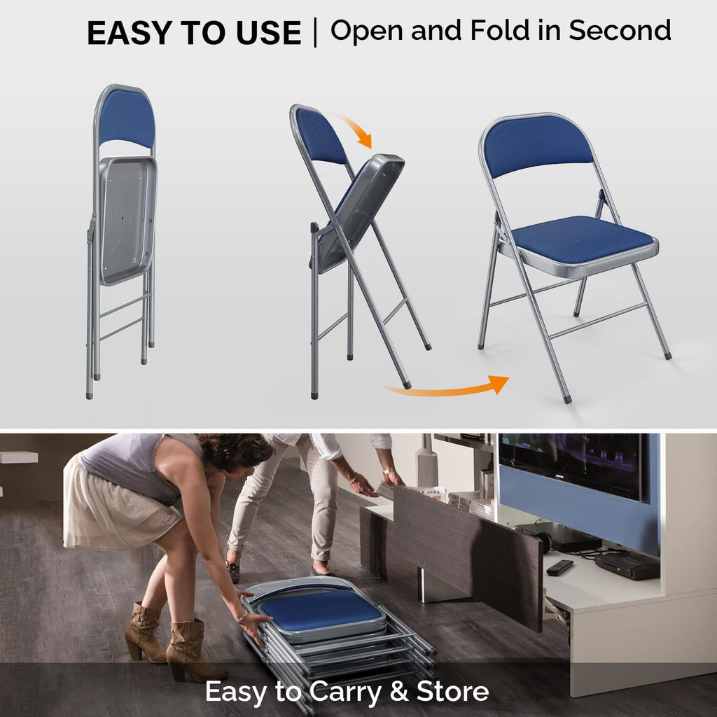 6 Pack Folding Chairs with Padded Seats, Metal Frame with Fabric Seat & Back, Capacity 350 lbs, Blue, Set of 6