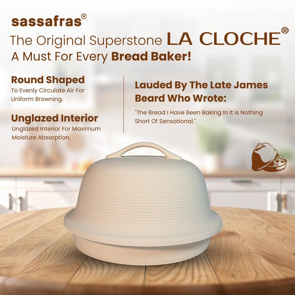 Superstone Stoneware La Cloche Bread Baker, Unglazed, Baking Stone for Bread, Capacity 5QT 12"D x7"H with handle