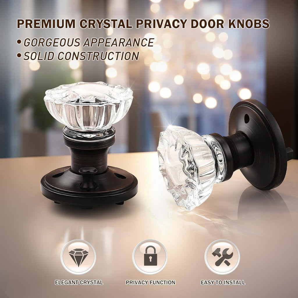 Modern Round Crystal Door Knobs with Lock, Frosted Glass Design, Privacy Function for Bed and Bath, Oil Rubbed Bronze