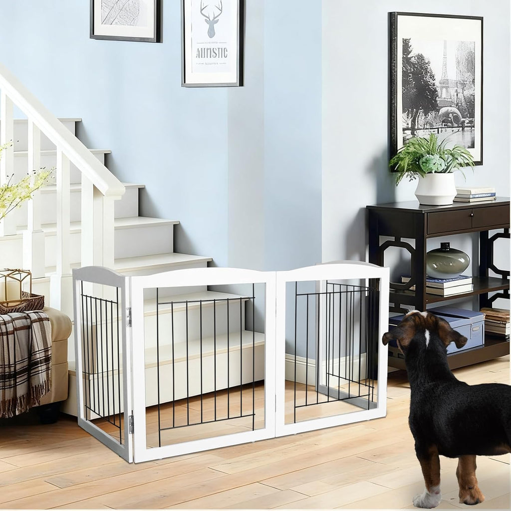 Freestanding Foldable Dog Gate Extra Wide Wooden White Indoor Puppy Gate Stairs Doorways Pet Gate Tall Dog Fence 3