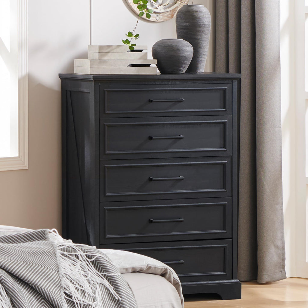 Farmhouse 5 Drawers Dresser Chests, Black