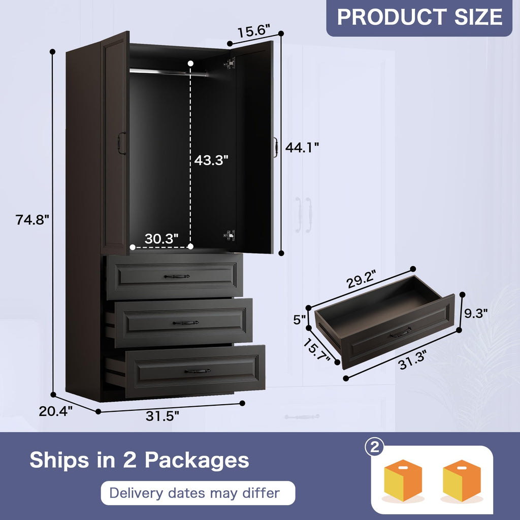 Black Wardrobe Closet with 3 Drawers and 2 Doors, 75" H x 32" W
