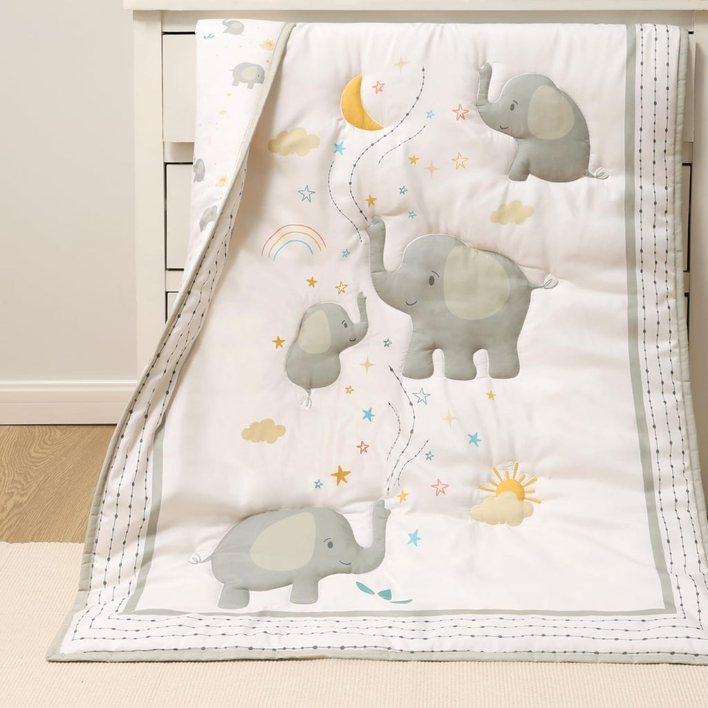 3 Piece Elephant Whimsy Baby Crib Bedding Set Boy or Girl, Nursery Decor Boy Crib Comforter Set, Classic Neutral