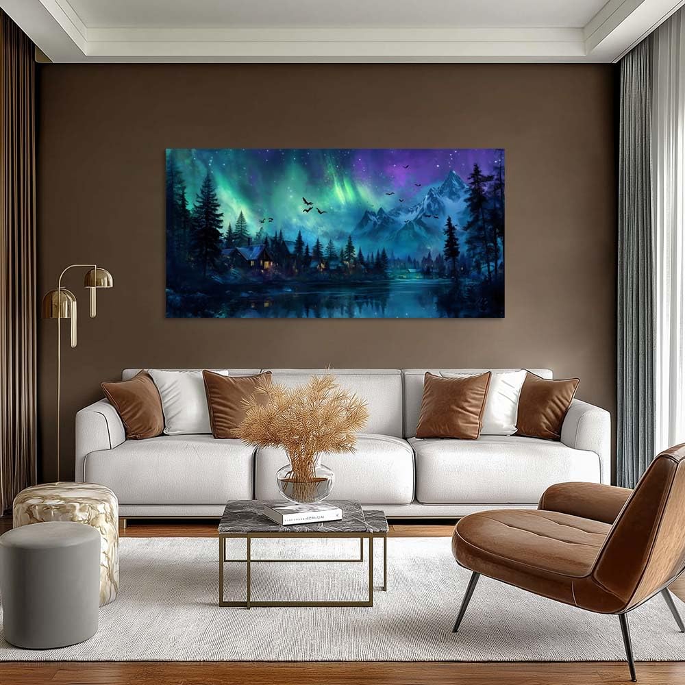 A Borealis Northern Lights Canvas Wall Art Mountain Landscape Cabin Painting Flat Print Gallery Wrapped Night Sky
