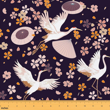 Red-Crowned Crane Fabric by The Yard, Watercolor Pink Cherry Blossom Soft Polyester Fabric, Japanese Style Decorative