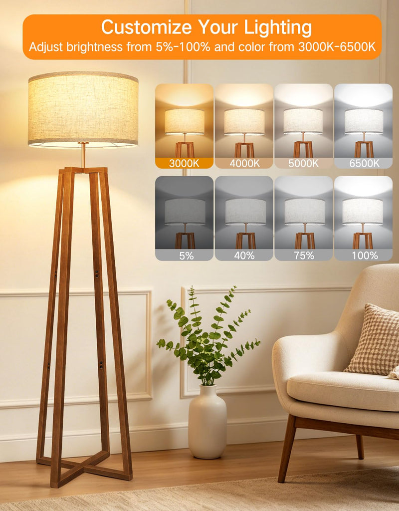 62" Mid Century Modern Vintage Lamps with Remote Control, Dimmable Wood Floor Lamp, 4 Color Temperature, LED Modern