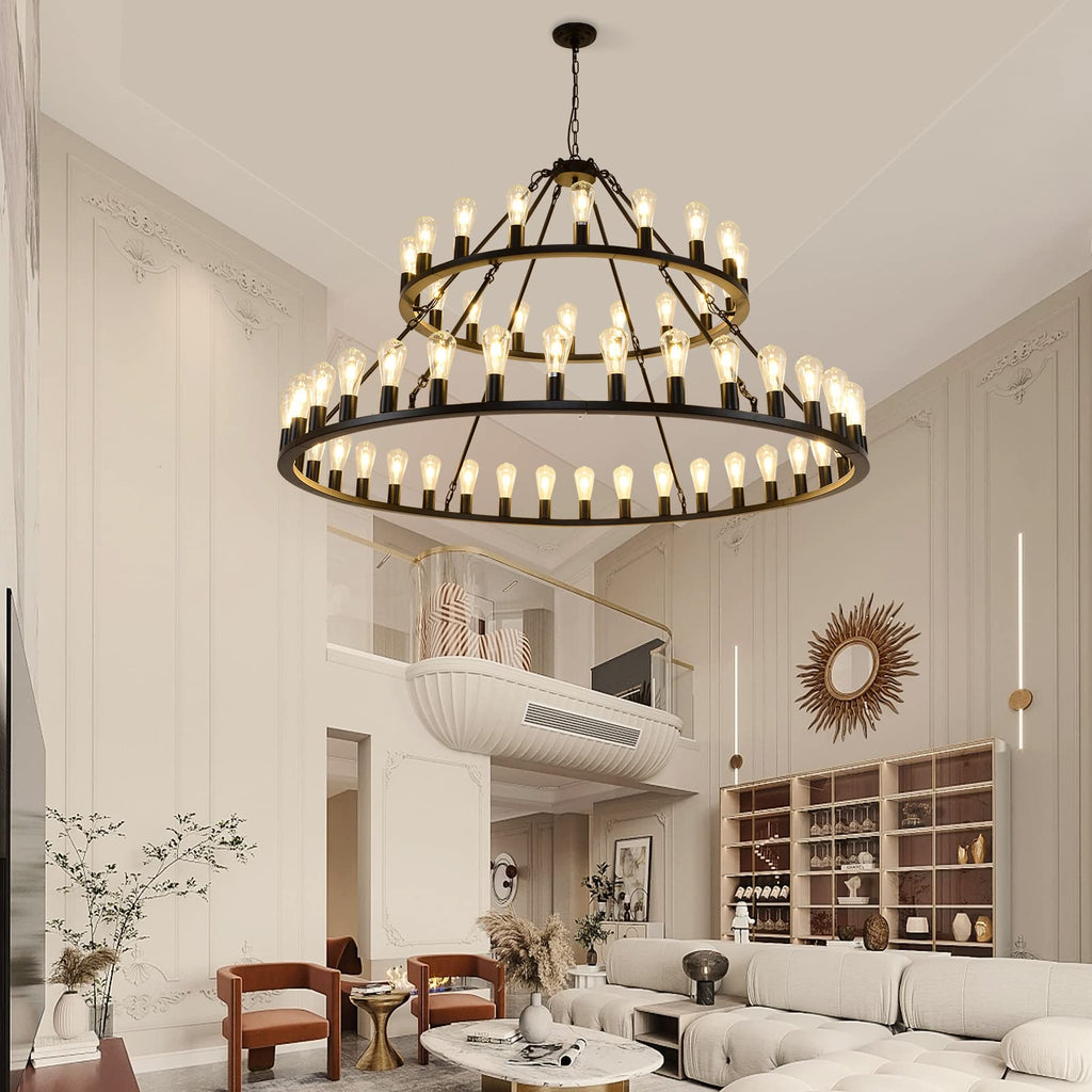 Wagon Wheel Chandelier 2 Tier 54-Light 60-inch, Farmhouse Industrial Chandelier Black Rustic Pendant Light Fixture