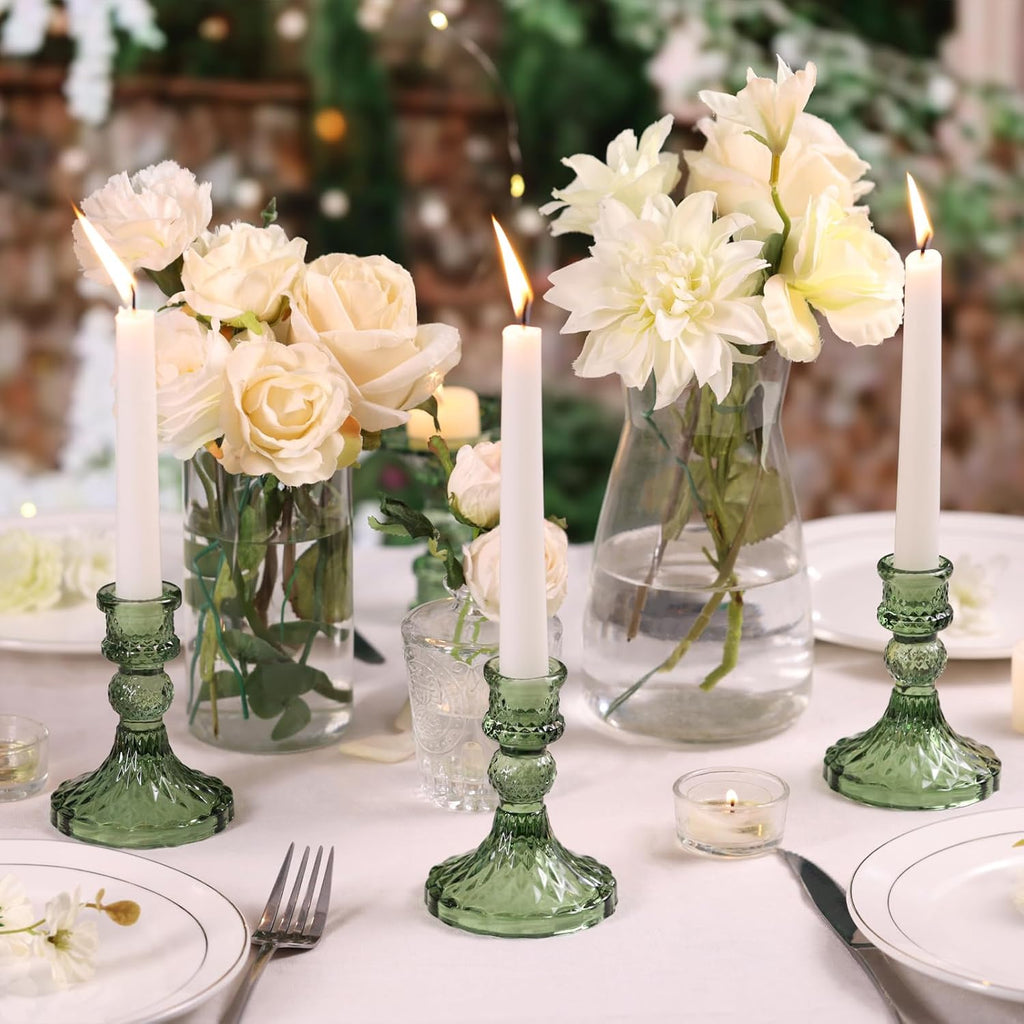Glass Candle Holder Set of 12, Green Taper Candle Holders Bulk, Vintage Candlestick Holders, Candle Stick Holder for