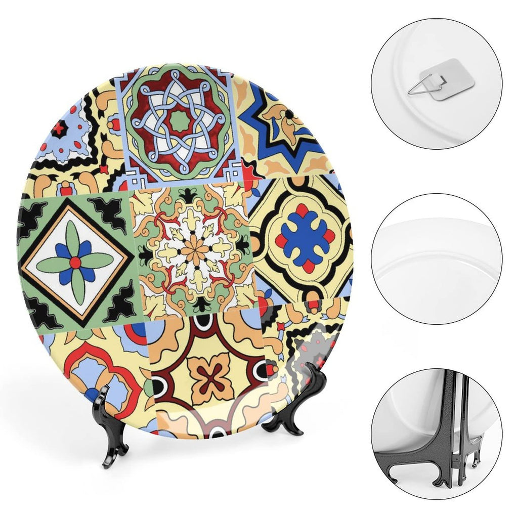 Ceramic Decorative Plates Mexican Tiles Flower Print Home Wobble-Plate with Display Stand, Moroccan Floral Porcelain