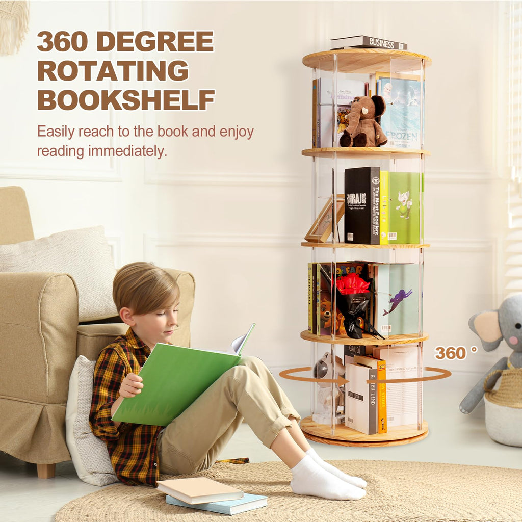 360° Rotating Bookshelf, 4-Tier Spinning Book Shelf Tower with Solid Wood & Clear Acrylic, Round Revolving Bookcase