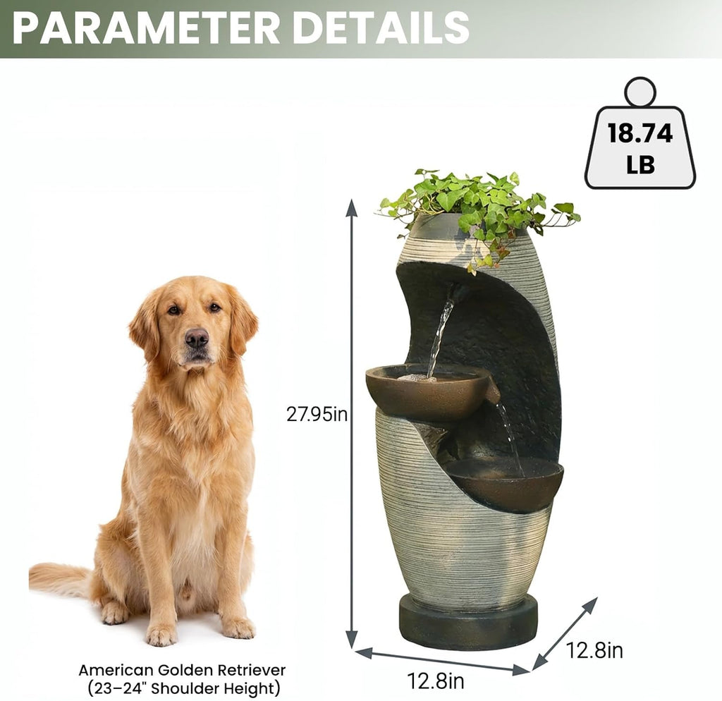 2-Tier Bowl Water Fountain with LED Lights, 27.95" Tall Freestanding Outdoor & Indoor Garden Waterfall Fountain
