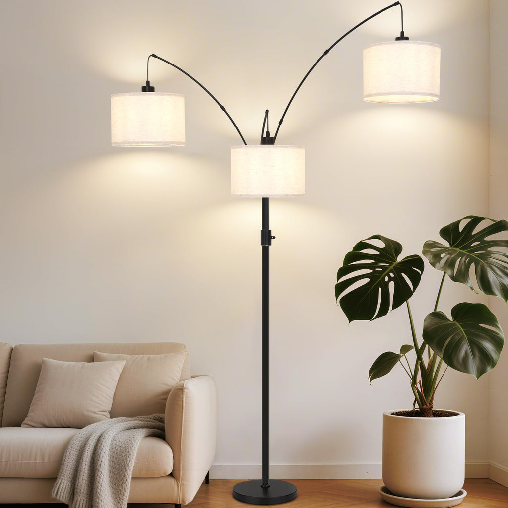 Dimmable Arc Floor Lamp-3 Lights Floor Lamps, Modern Tall Standing Lamp with Beige Drum Shades&Heavy Base, Mid Century