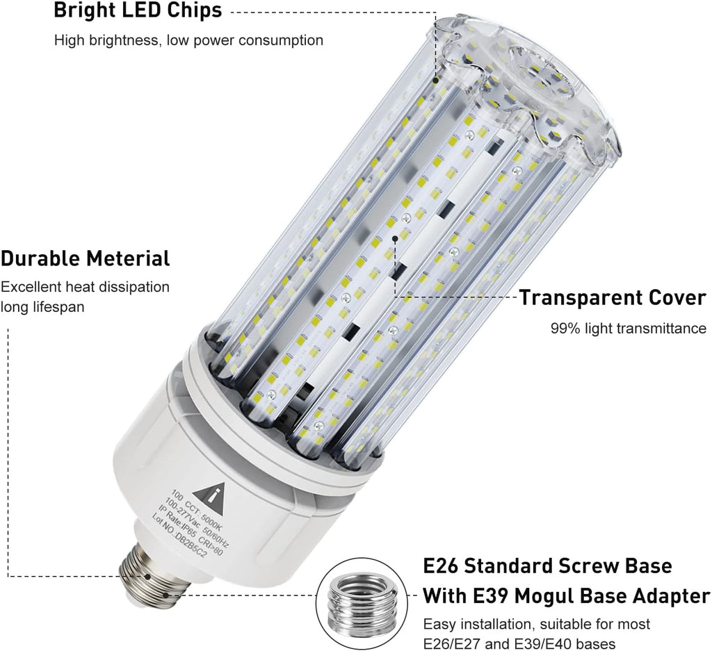 2 Pack 100W LED Corn Light Bulb 5000K Daylight 15000 Lumens Super Bright, E26/E39 Base Led Corn Bulbs Replace Metal