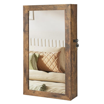 Lockable Jewelry Cabinet Armoire with Mirror, Wall-Mounted