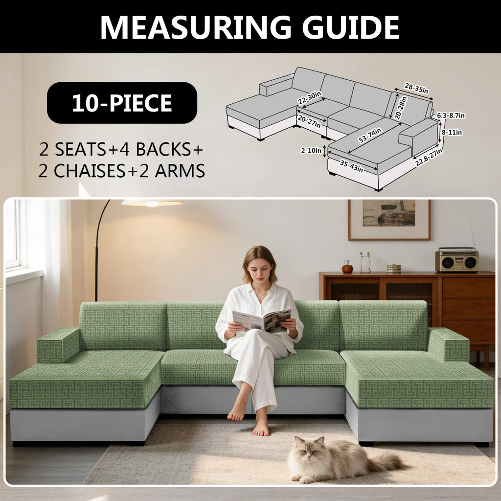 10 Pieces Stretch Sofa Cushion Covers for U-Shaped Modular Sectional Couch with 4 Seats+4 Backs+2 Arms, Upholstered
