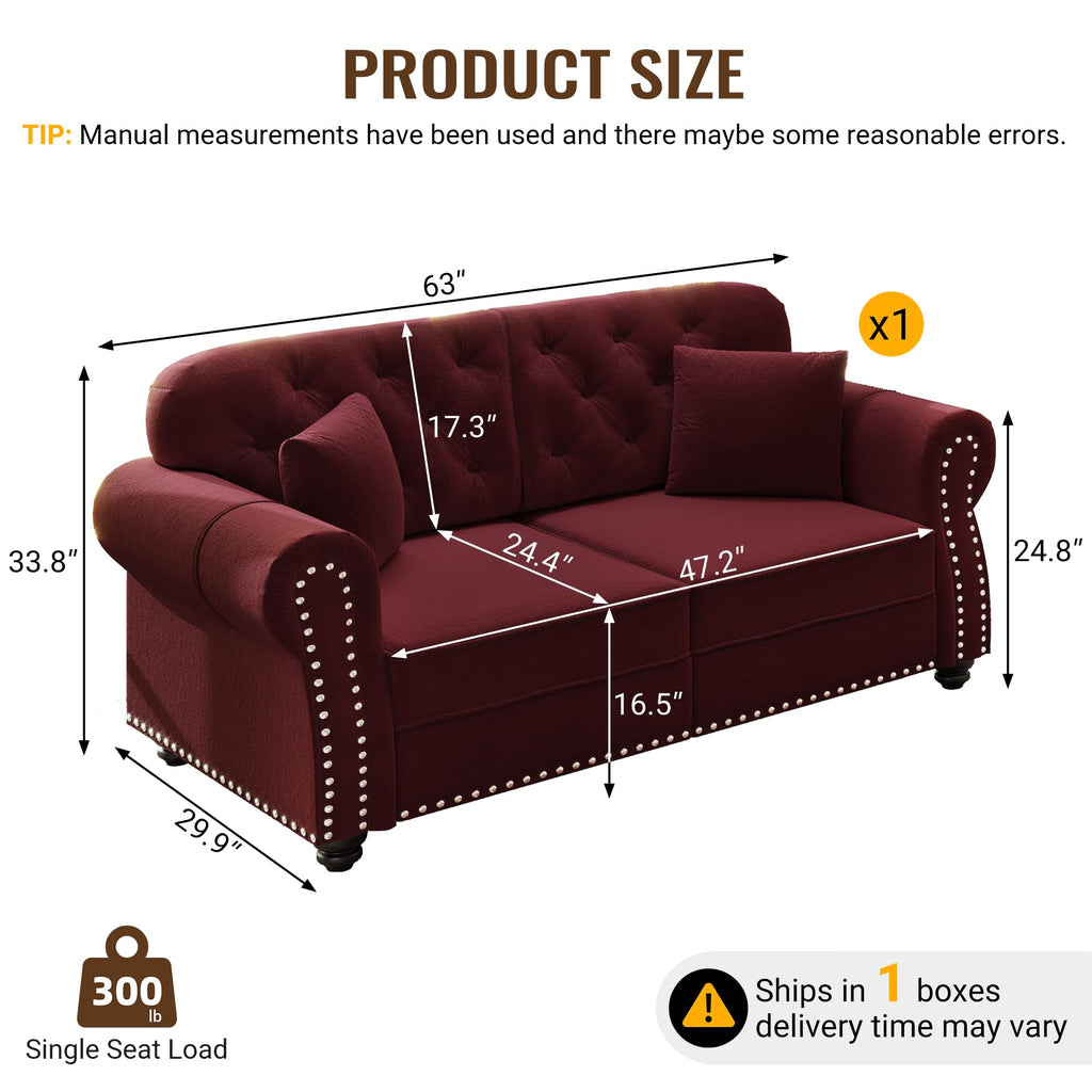 63" Velvet Chesterfield Sofa Couch with Rolled Arms & Nailhead Trim, 2-Seater Modern Upholstered Button Tufted