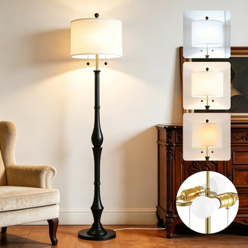 Farmhouse Floor Lamp, Solid Wood Standing Lamp, Linen Shade, Black