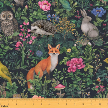 Natural Scene Fabric By The Yard, Fox Owl Hedgehog Upholstery Fabric Birds