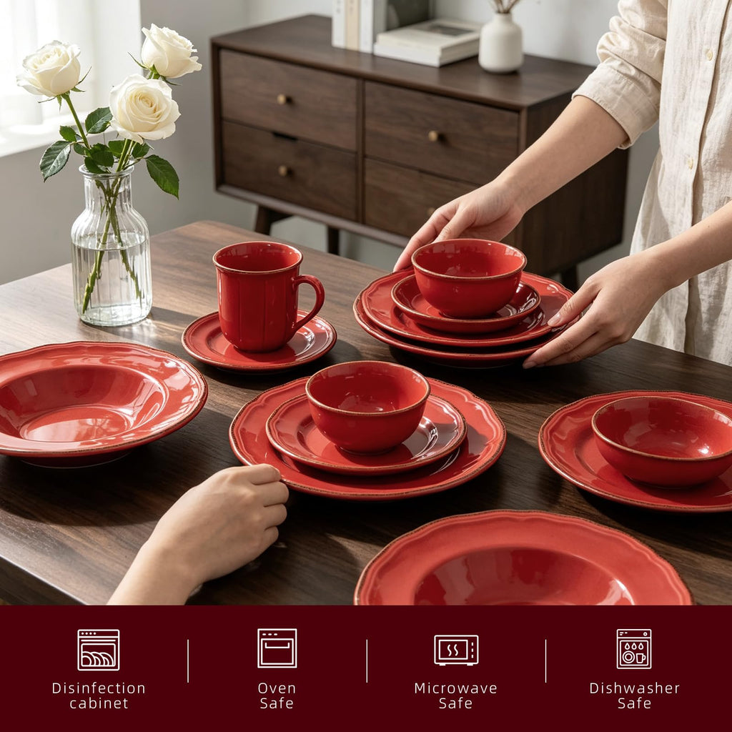 56pc Stoneware Dinnerware Set, Speckled Antique Red