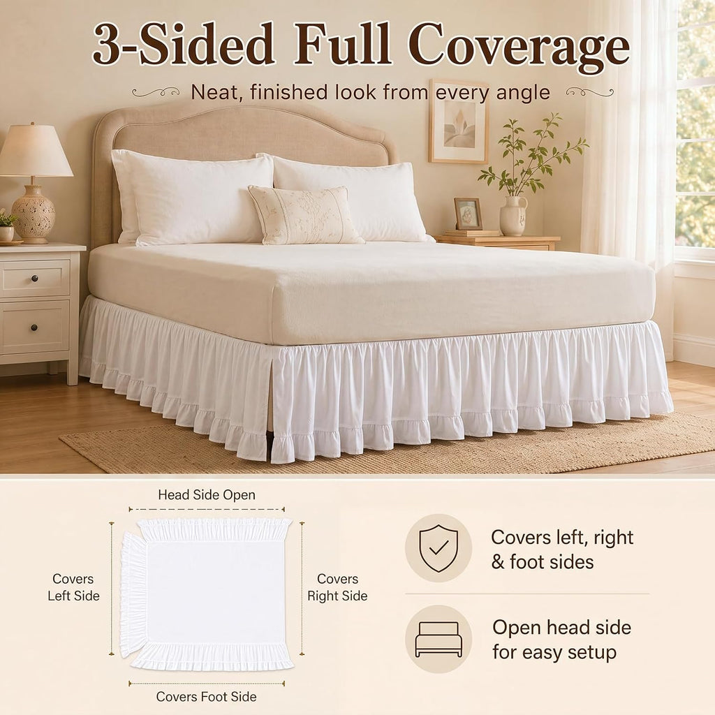 White Ruffled Queen Bed Skirt, 14 Inch Drop, Split Corners, Boho | Fits 60 x 80 in Queen Beds; 3 Sided Coverage;