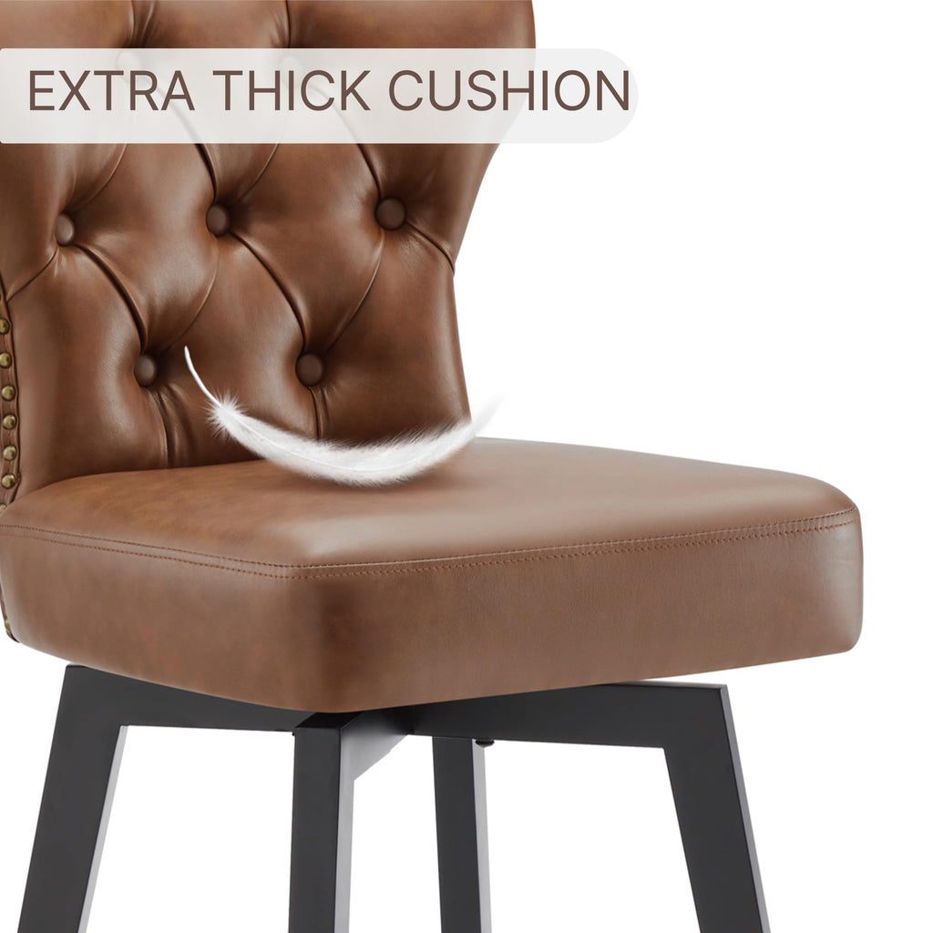 Counter Height Barstools 26 inch Upholstered Button Tufted Swivel Bar Stools with Back Island, Set of 2, Brown PU