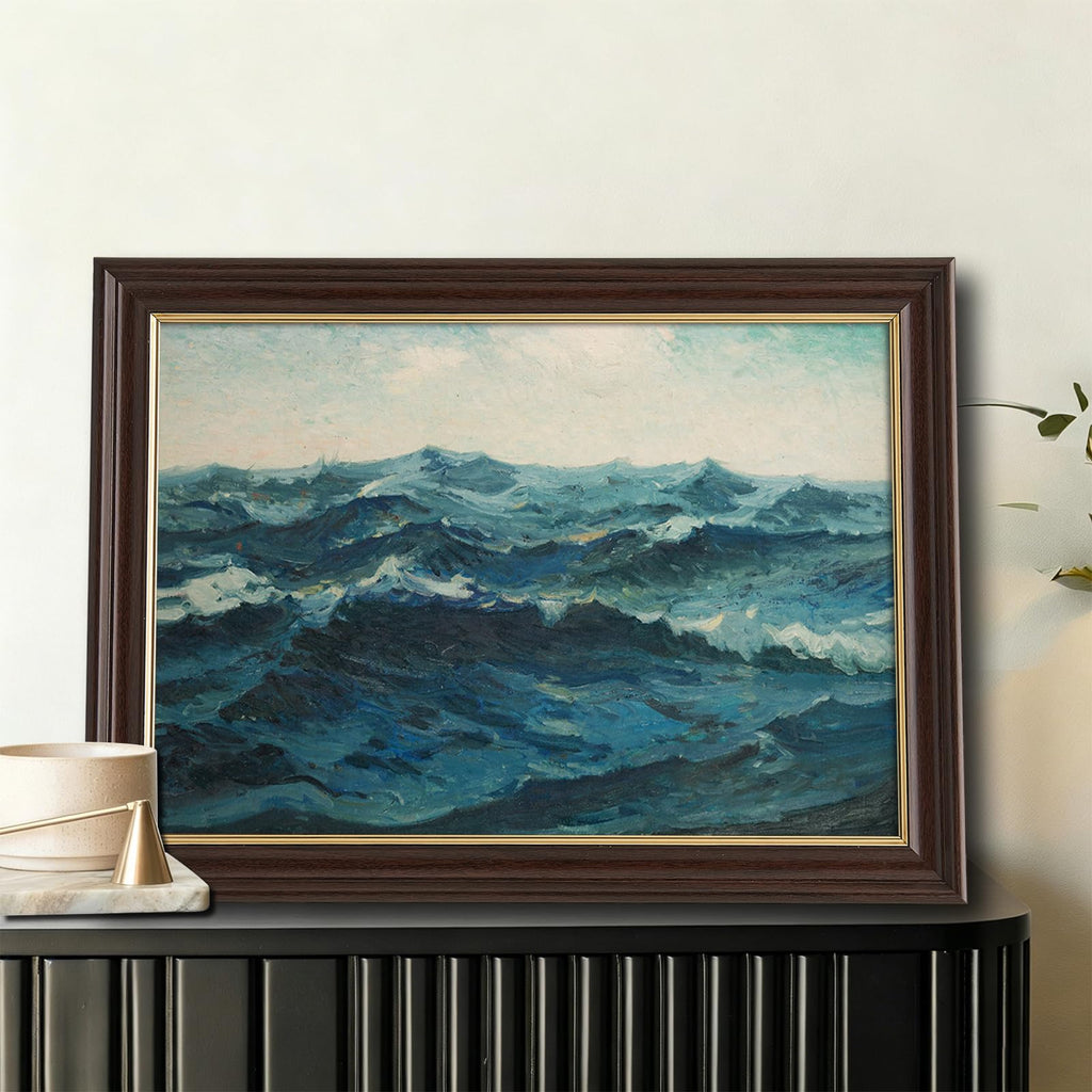 Framed Vintage Ocean Wave Canvas Wall Art, Antique Impressionist Seascape Oil Painting Prints, Teal Blue Coastal Wall
