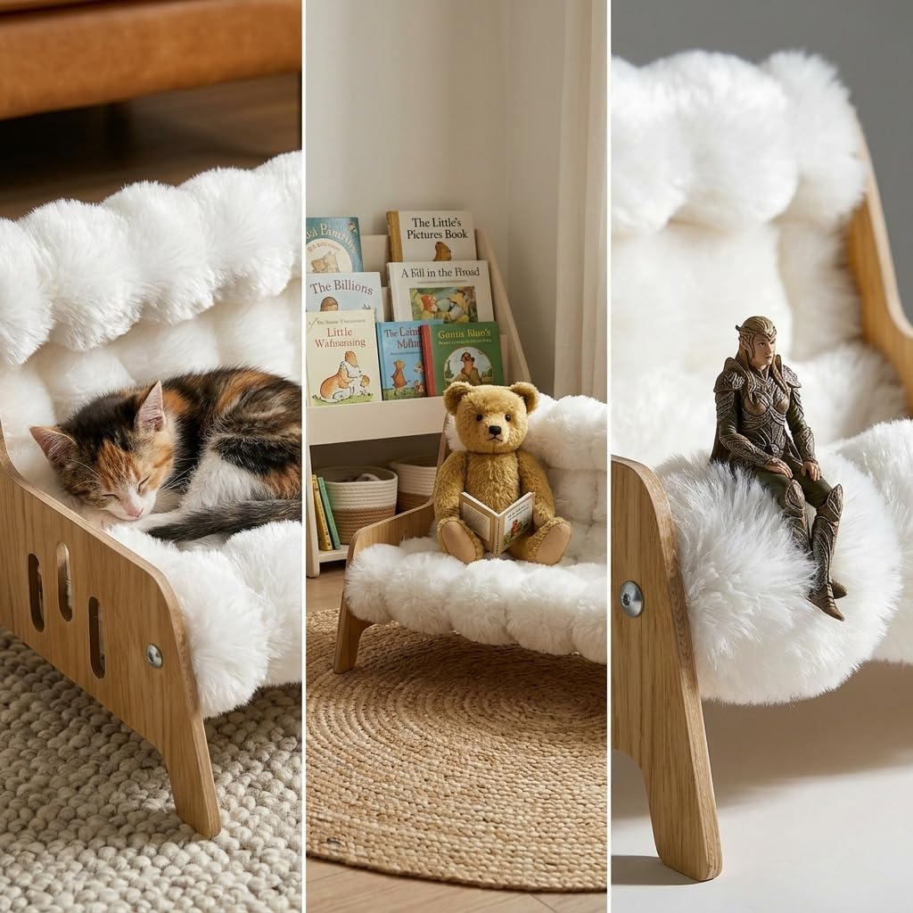 Elevated Pet Sofa Bed with Fluffy Plush Cushion Wood Frame