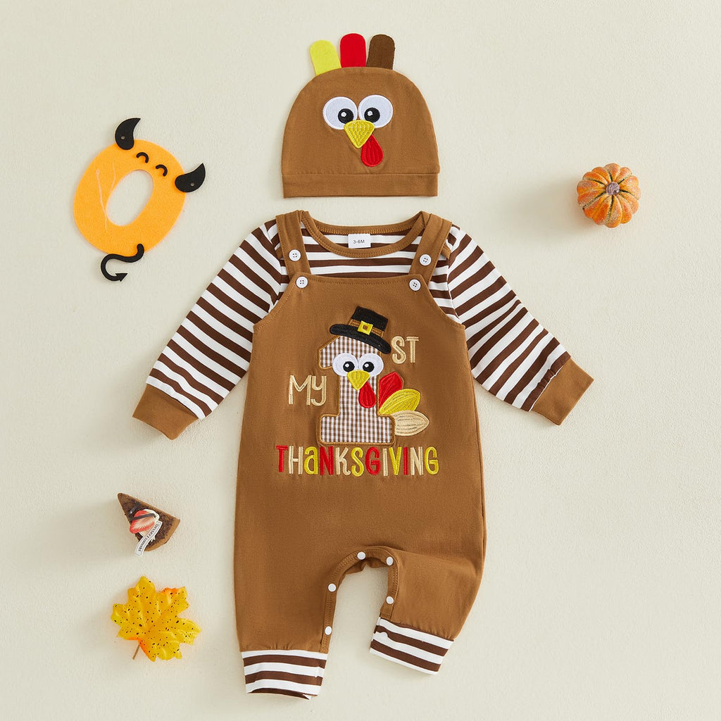 Newborn Baby Boy First Thanksgiving Outfit Stripe Long Sleeve Romper Turkey Overall Pants Hat Set 3Pcs Clothes