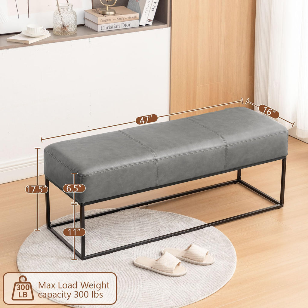 Leather Entryway Bench, Modern Long Leather Ottoman Bench Seat with Metal Frame, 47'' Upholstered Bedroom Bench