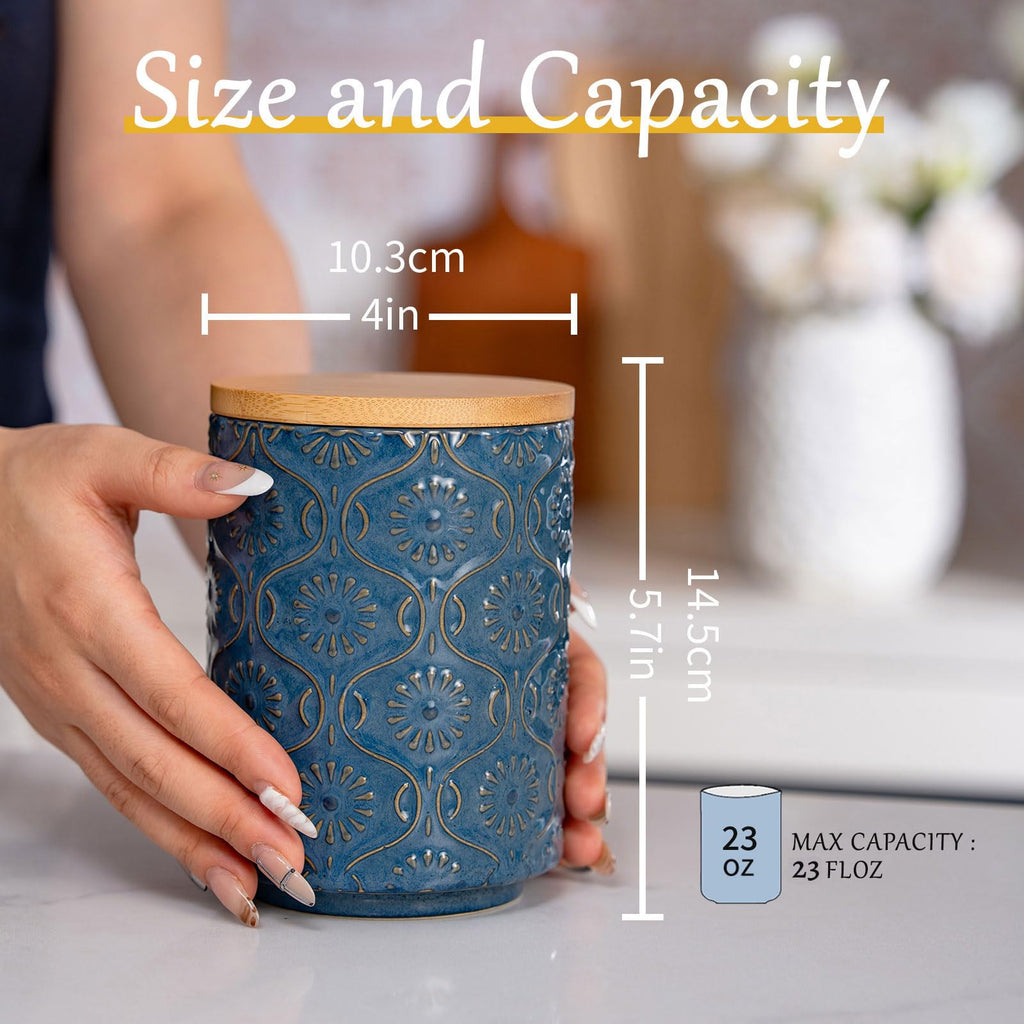 Embossed Ceramic Canister, Stylish Airtight Storage, Coffee, Tea, Sugar, 23 Fl Oz, Darkblue
