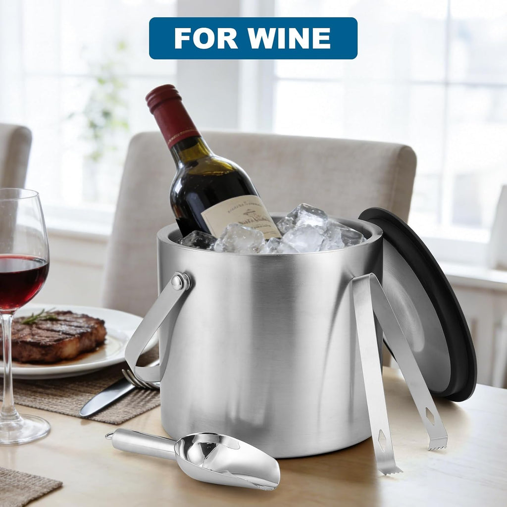 Ice Bucket, 4L Double Wall Insulated Ice Bucket with Lid,Scoop,Tongs- Inner Layer 304 Stainless Steel Ice Container