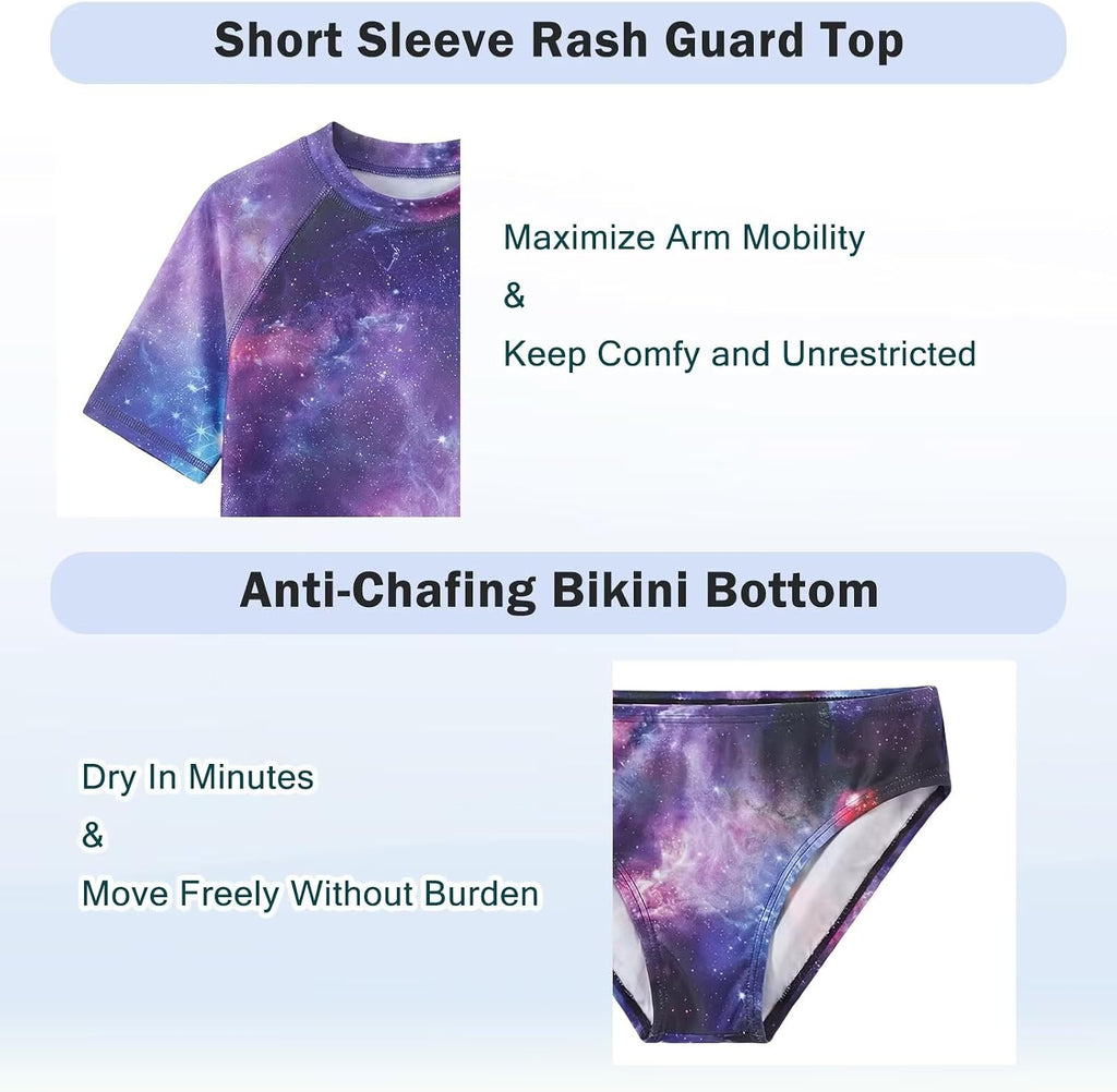 Girls Two Piece Swimsuits Short Sleeve Rash Guard Swim Shirt Bikini Bottom Swim Set Bathing Swim Set Swimwear