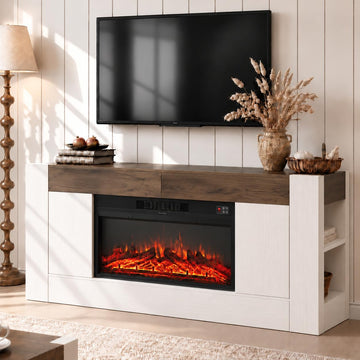 Modern 70 inch TV Stand with Electric Fireplace and Storage, White