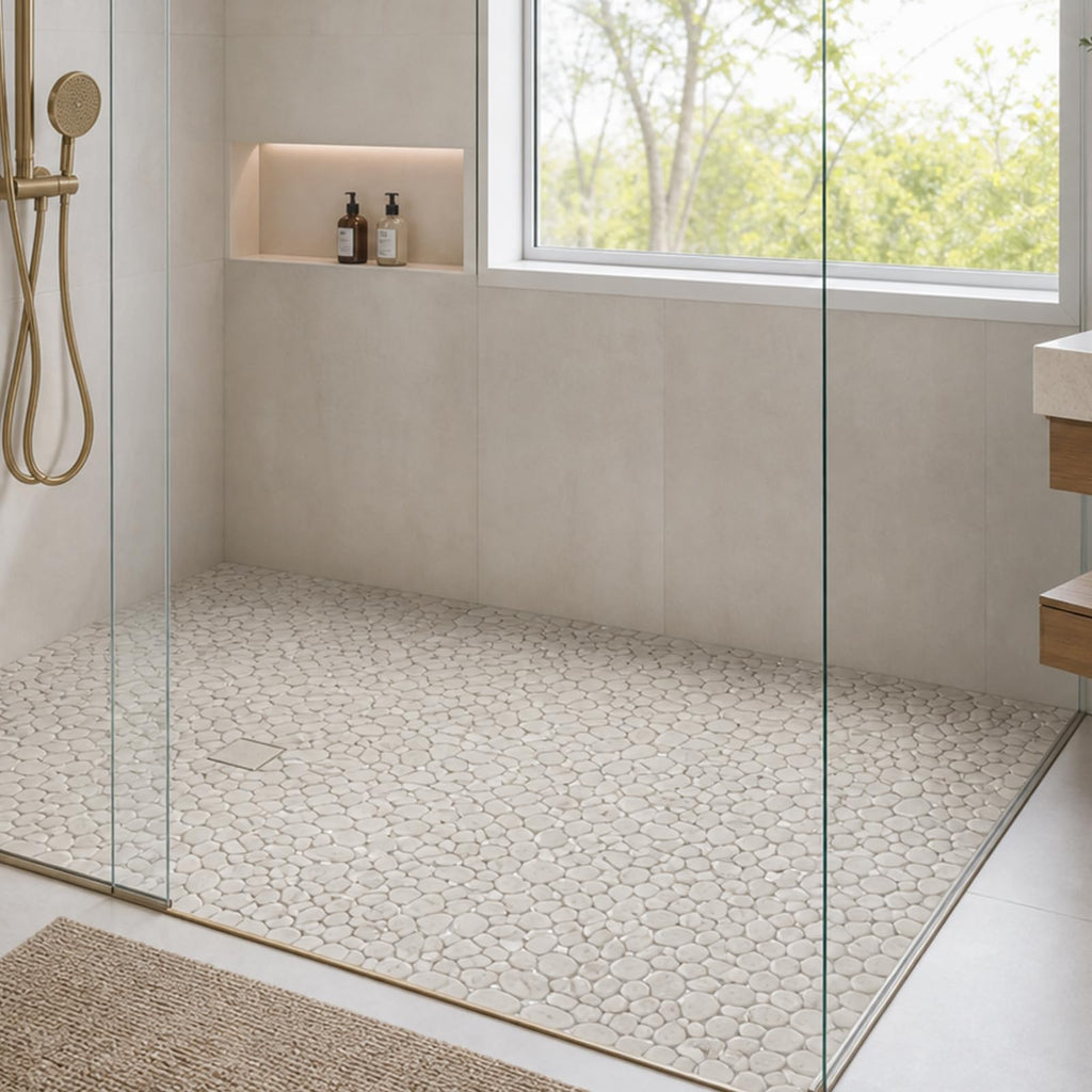 Beige Pebble Mosaic Tile, 12"X12" Pebble Floor Tiles, 8 Sheets