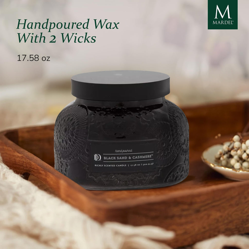 Black Sand & Cashmere Embossed Jar Candle (18 oz) Jasmine, Coconut, Rose, Bergamot, Floral - Dual Wick Embossed Glass